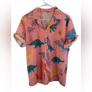 Men's Pink Dino Print Short-Sleeve Button-Down Shirt
